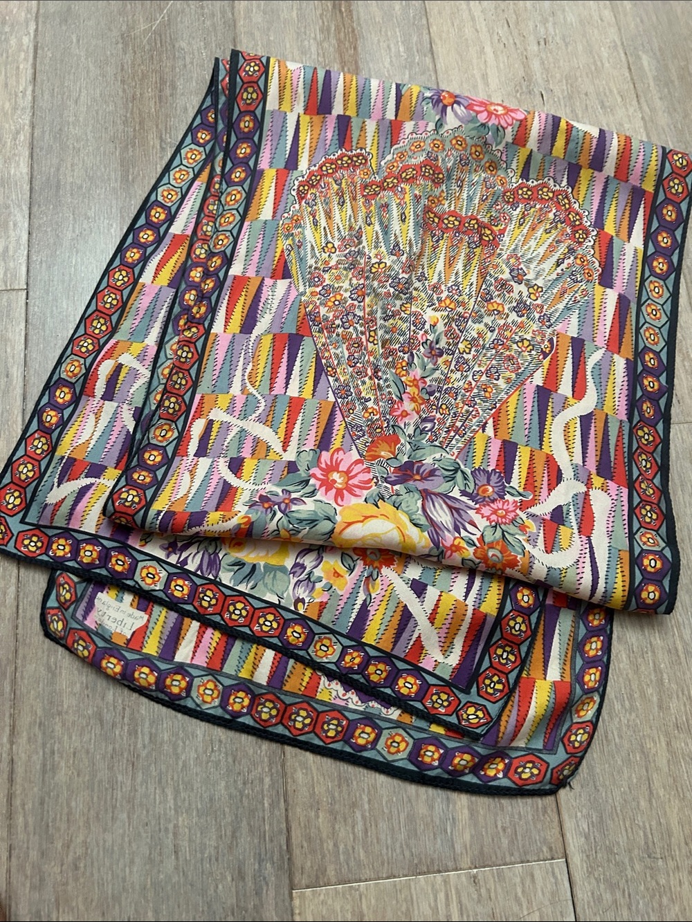VTG Silk Liberty of London Made In England Vibrant Floral Fan Print Long Scarf - Picture 12 of 16